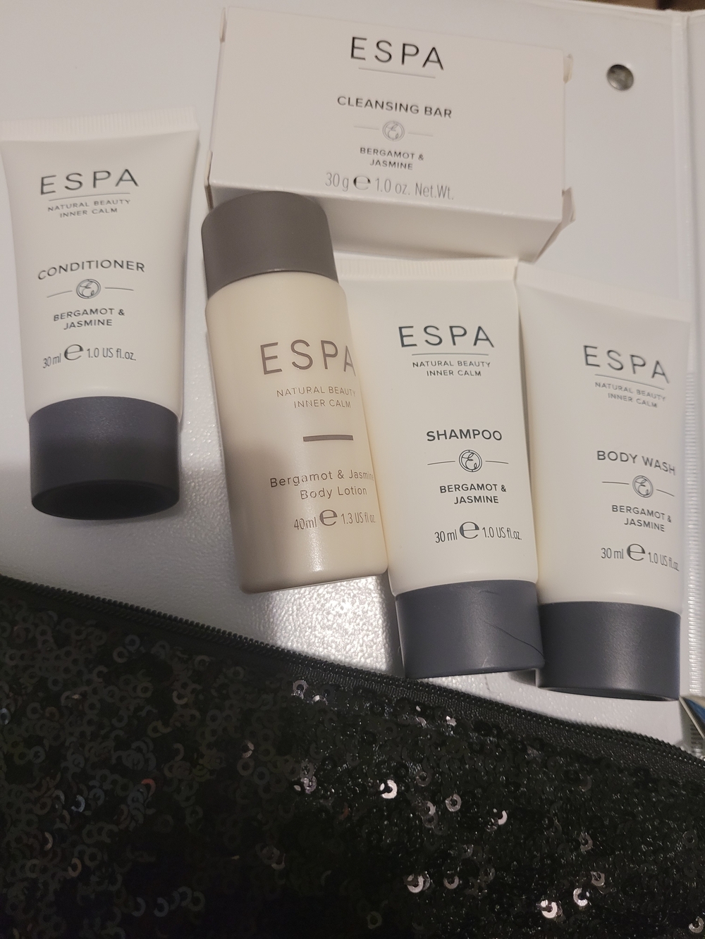 ESPA Travel Bath Set With Black Bag- Shampoo, Conditioner, Body Wash & Lotion